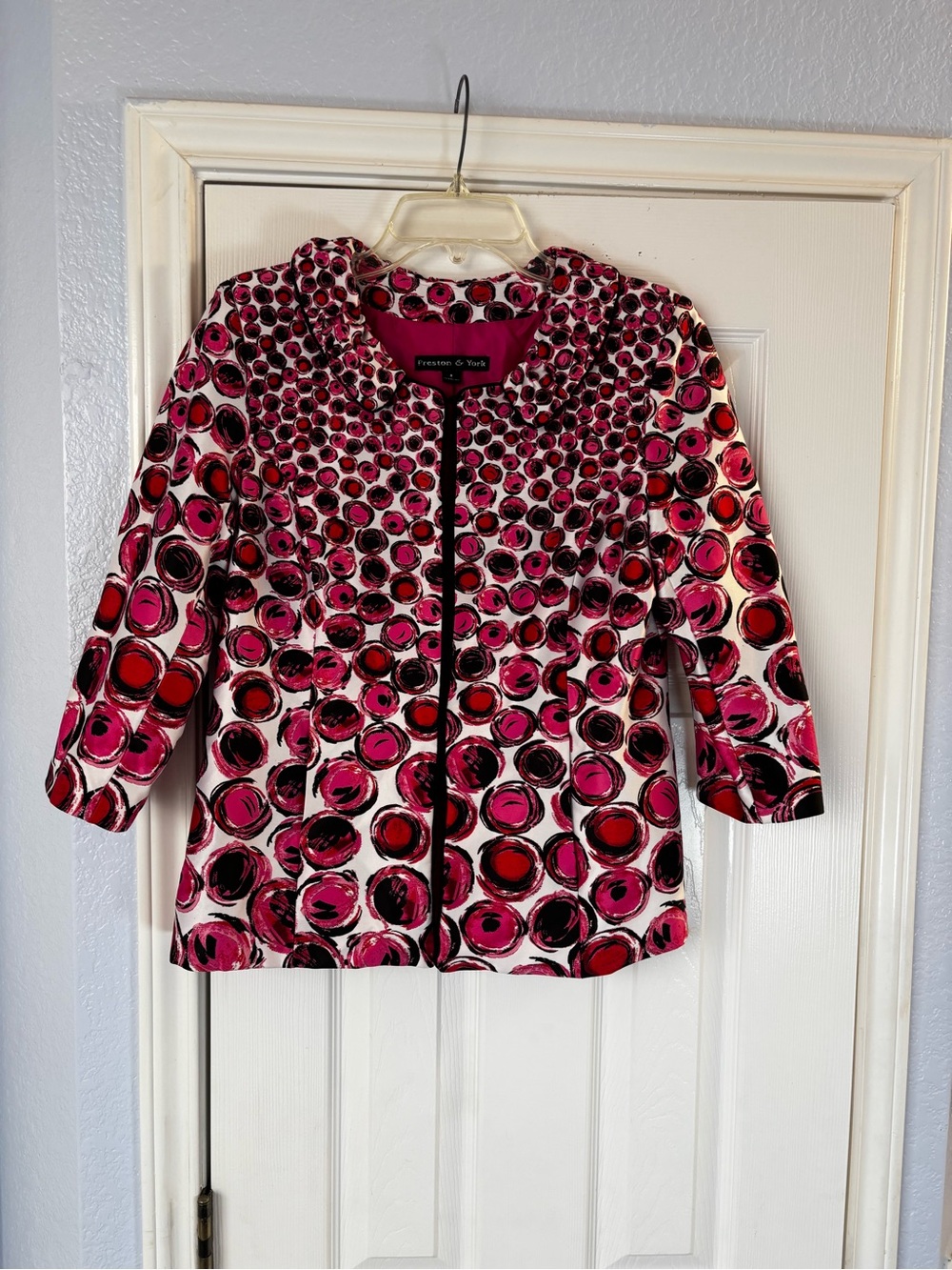 Preston & York Women’s 8 Pink Red Black Circle Print Jacket Blazer 3/4 Sleeve